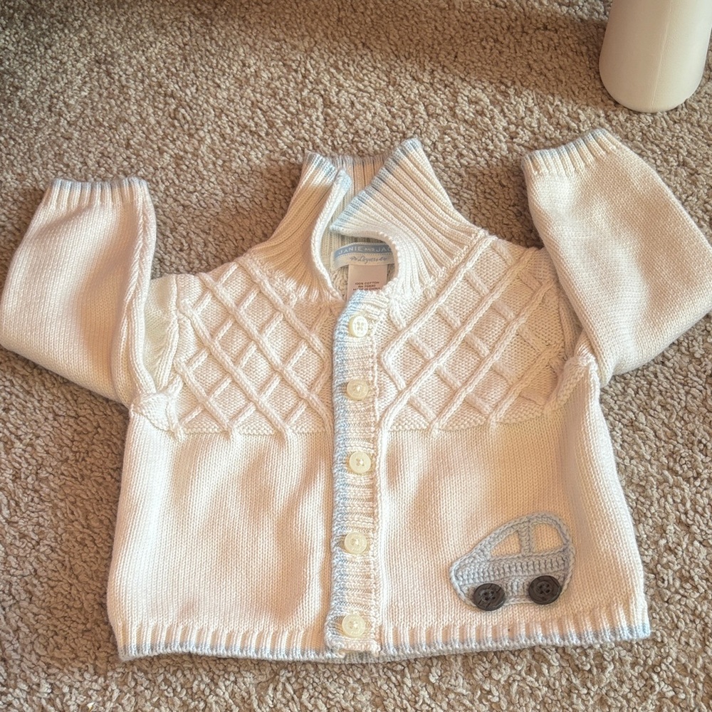 Janie and Jack Cream Knitted Cardigan with Car Design